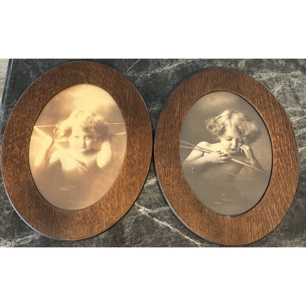 ANTQ 1897 wood OVAL FRAMED CUPID AWAKE & ASLEEP M.B. PARKINSON PICTURES 11.5x8.5